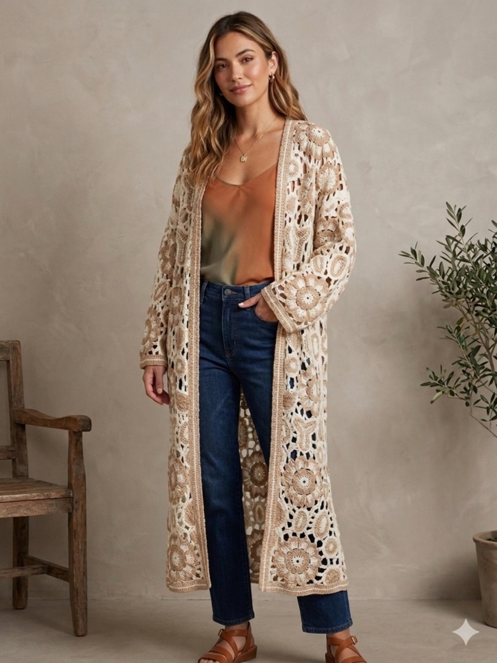 New POL CROCHET DUSTER CARDIGAN OS